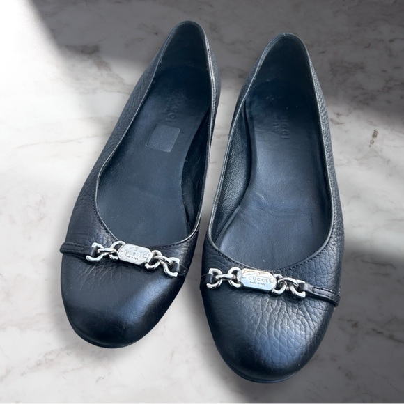 Gucci Black Leather Cellarius Silver Hardware Ballet Flats Sz 35 5 / 5.5 - Picture 2 of 15
